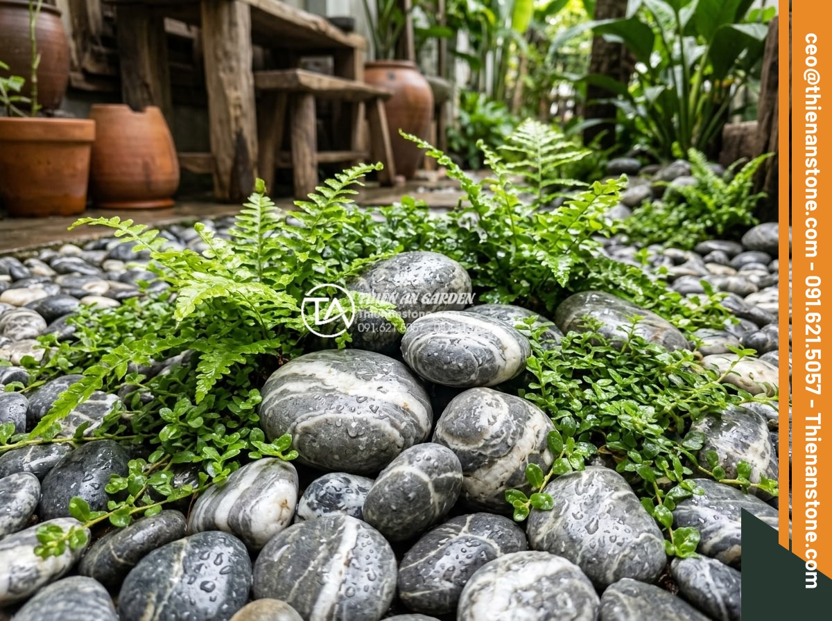Tiểu Cảnh Đá Cuội - Freshly completed pebble stone miniature garden being gently sprayed with water,
