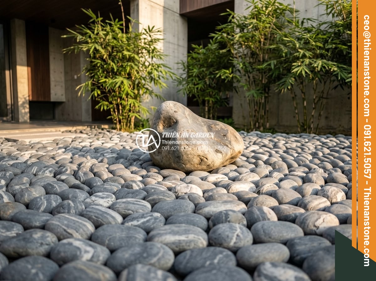 Tiểu Cảnh Đá Cuội - Completed zen pebble garden corner in a modern villa courtyard, smooth stones ar