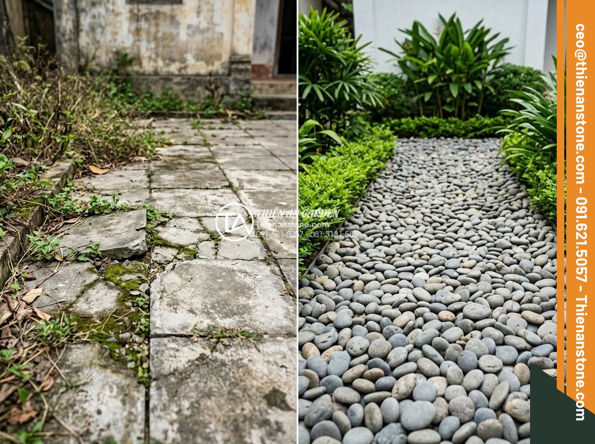 Tiểu Cảnh Đá Cuội - Split comparison image showing a pebble garden looking pristine after years vers