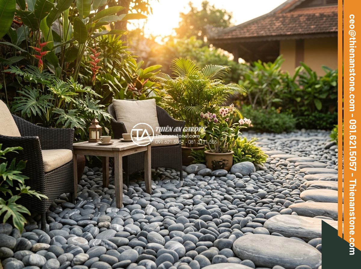 Tiểu Cảnh Đá Cuội - Family enjoying a garden with pebble stone landscape, children safely playing ne