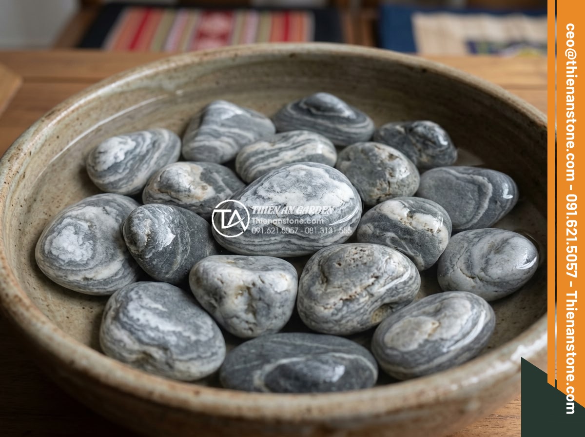 Tiểu Cảnh Đá Cuội - Natural river pebbles freshly collected, displayed in a shallow water basin show