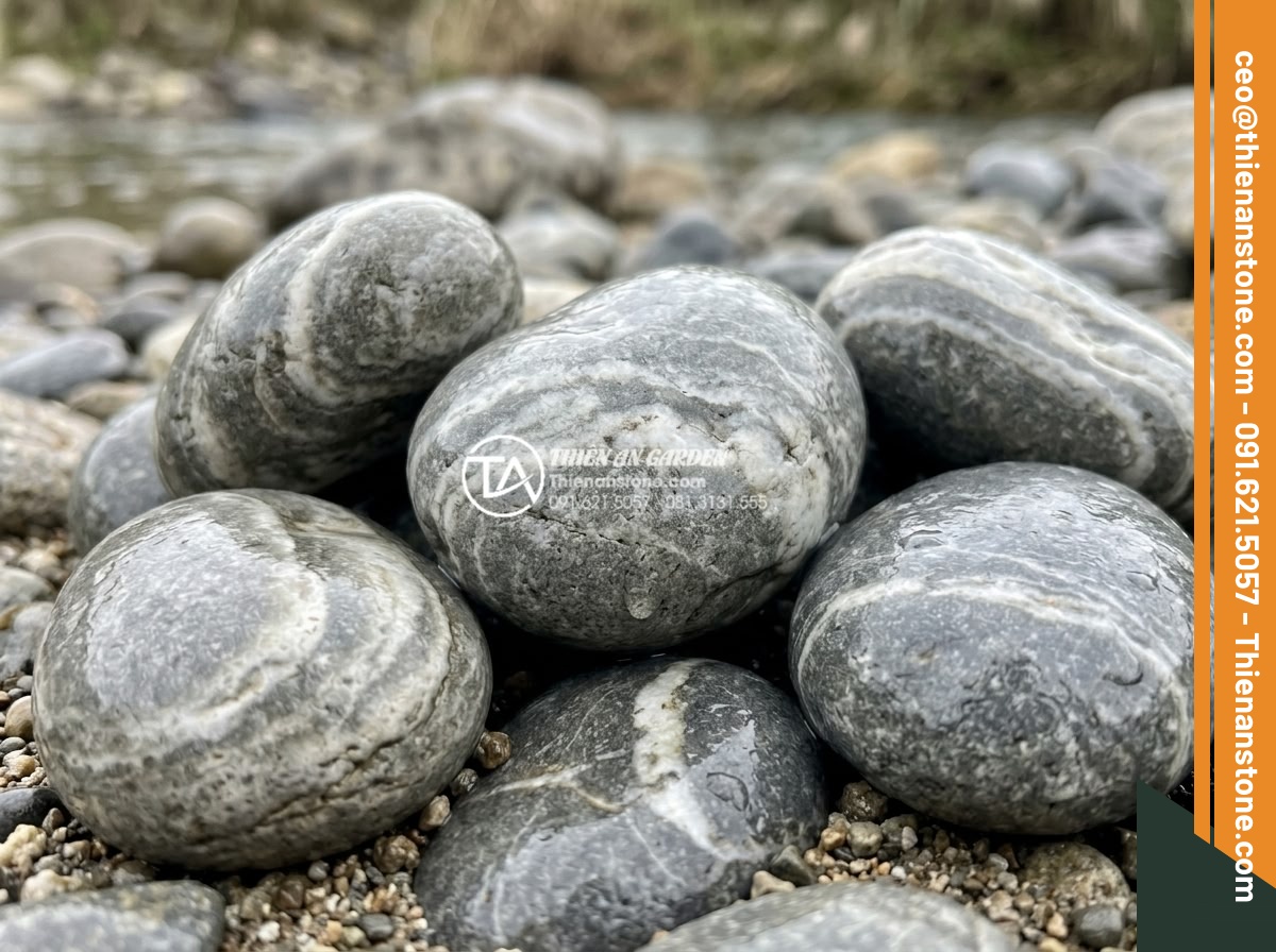 Tiểu Cảnh Đá Cuội - Close-up macro shot of smooth river pebbles in various natural colors - white, g