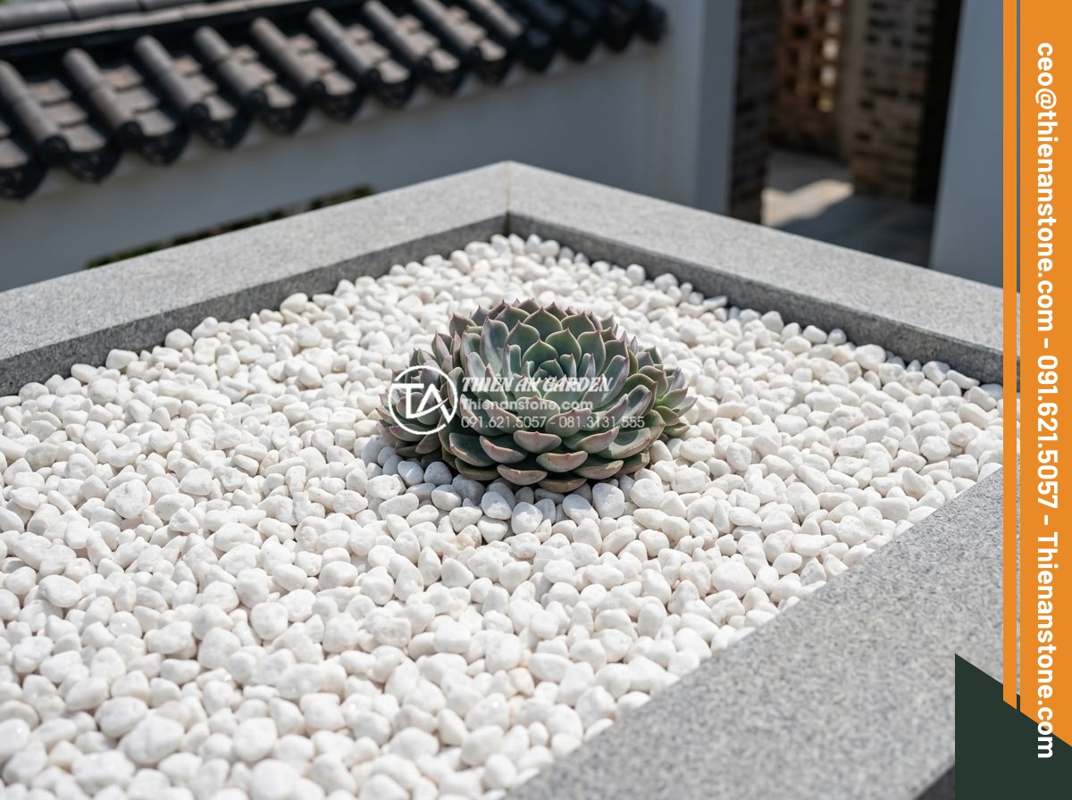 Tiểu Cảnh Đá Cuội - Pure white quartz pebbles arranged in a minimalist garden bed, sparkling slightl