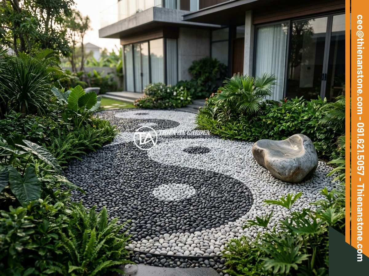 Tiểu Cảnh Đá Cuội - Contrast garden design with black and white pebbles creating flowing yin-yang in