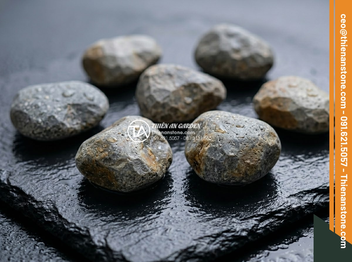 Tiểu Cảnh Đá Cuội - Cloud-veined pebbles displayed individually on wet dark surface, showing unique 
