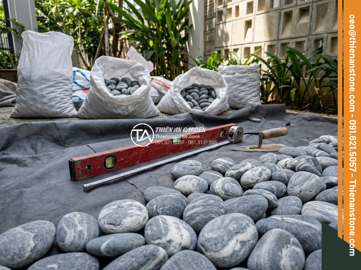 Tiểu Cảnh Đá Cuội - Professional landscape workers carefully installing a pebble stone garden, measu