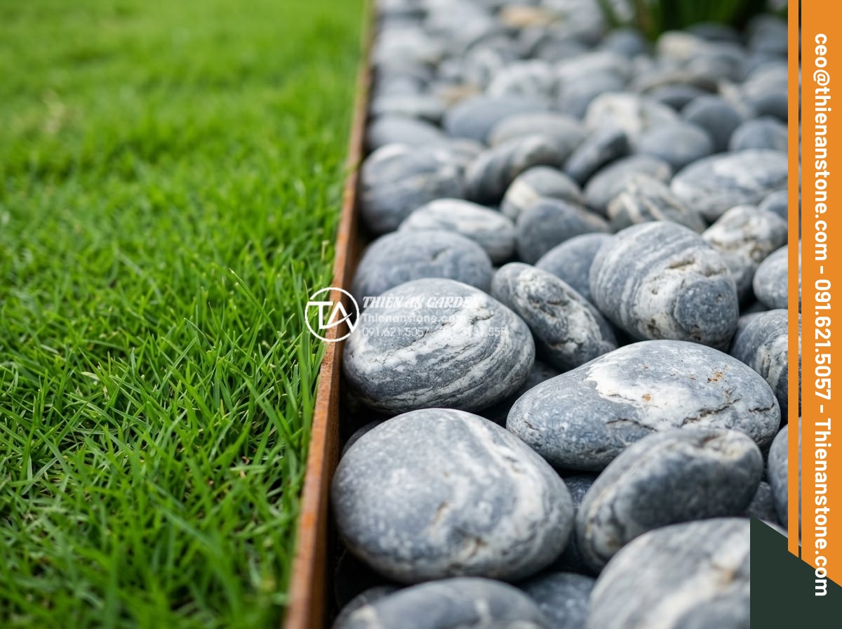 Tiểu Cảnh Đá Cuội - Garden showing effective use of pebble border edging separating white pebble gar