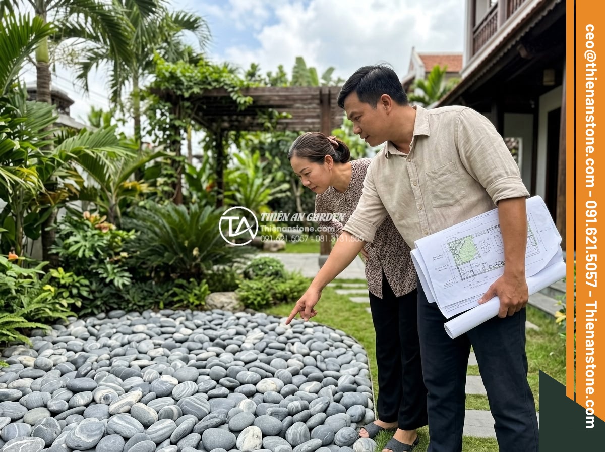 Tiểu Cảnh Đá Cuội - Landscape architect consulting with homeowner in a garden, pointing at a pebble 