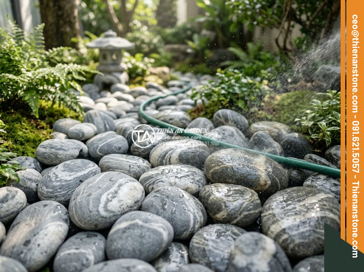 Tiểu Cảnh Đá Cuội - Person gently cleaning pebble garden with garden hose, water spray revealing bri