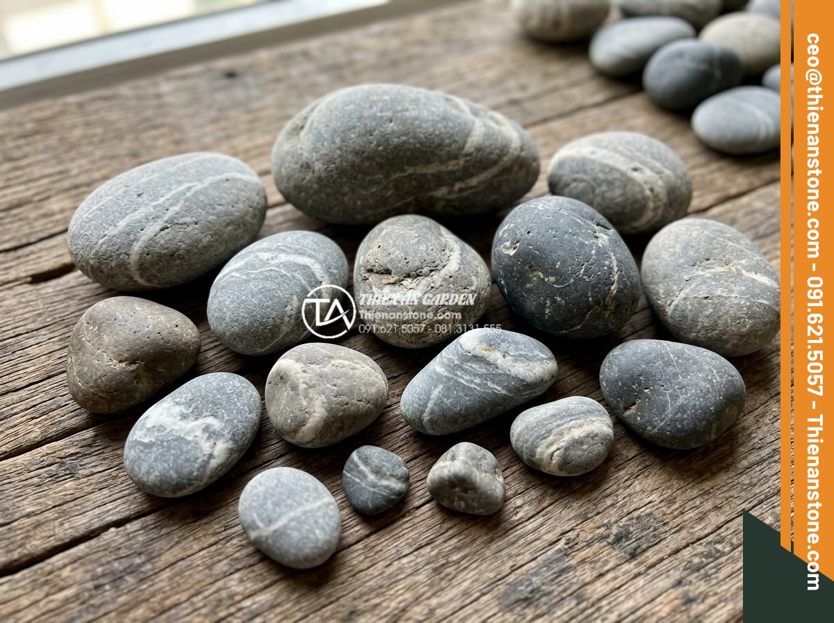 Tiểu Cảnh Đá Cuội - Collection of natural river pebbles displayed on wooden surface, showing variety