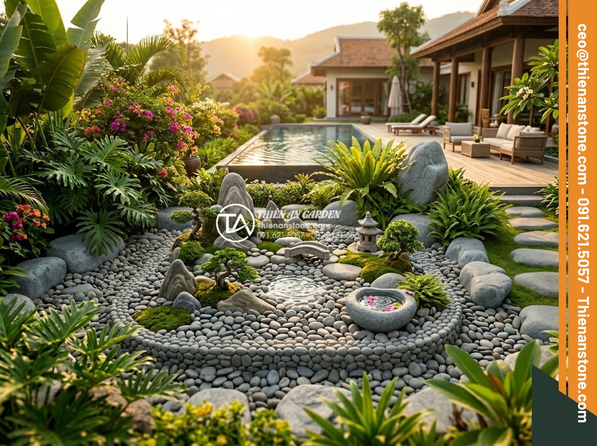Tiểu Cảnh Đá Cuội - Panoramic view of a complete garden landscape with pebble stone miniature garden