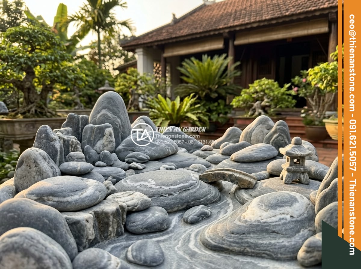 Tiểu Cảnh Đá Cuội - Serene garden scene at golden hour with completed pebble stone miniature landsca
