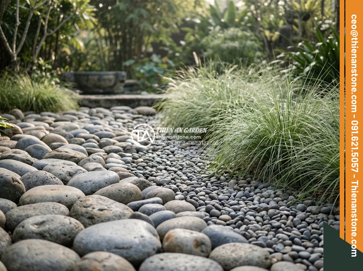 Tiểu Cảnh Đá Cuội - Artistic arrangement of mixed-size pebbles transitioning from large to small, cr