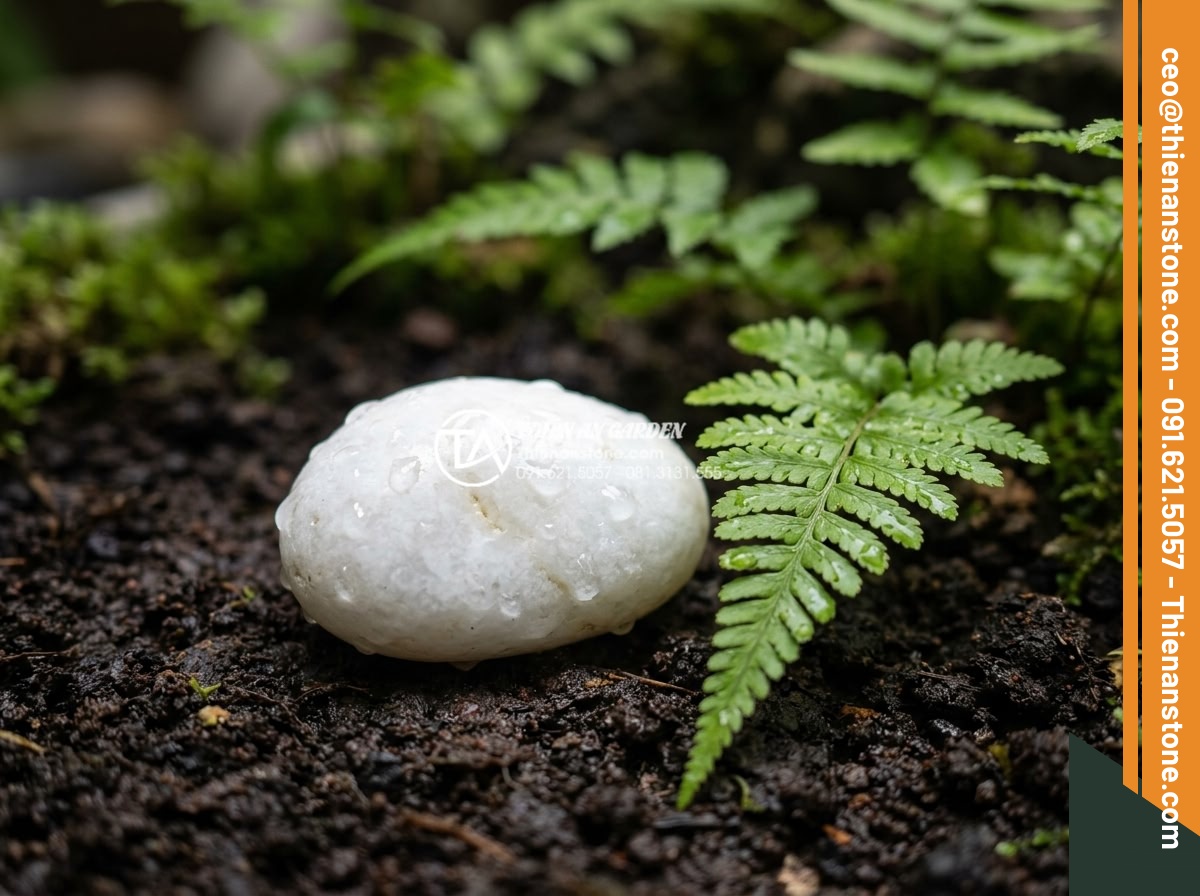 Tiểu Cảnh Đá Cuội - Single perfectly smooth white pebble placed on dark wet soil next to a small gre