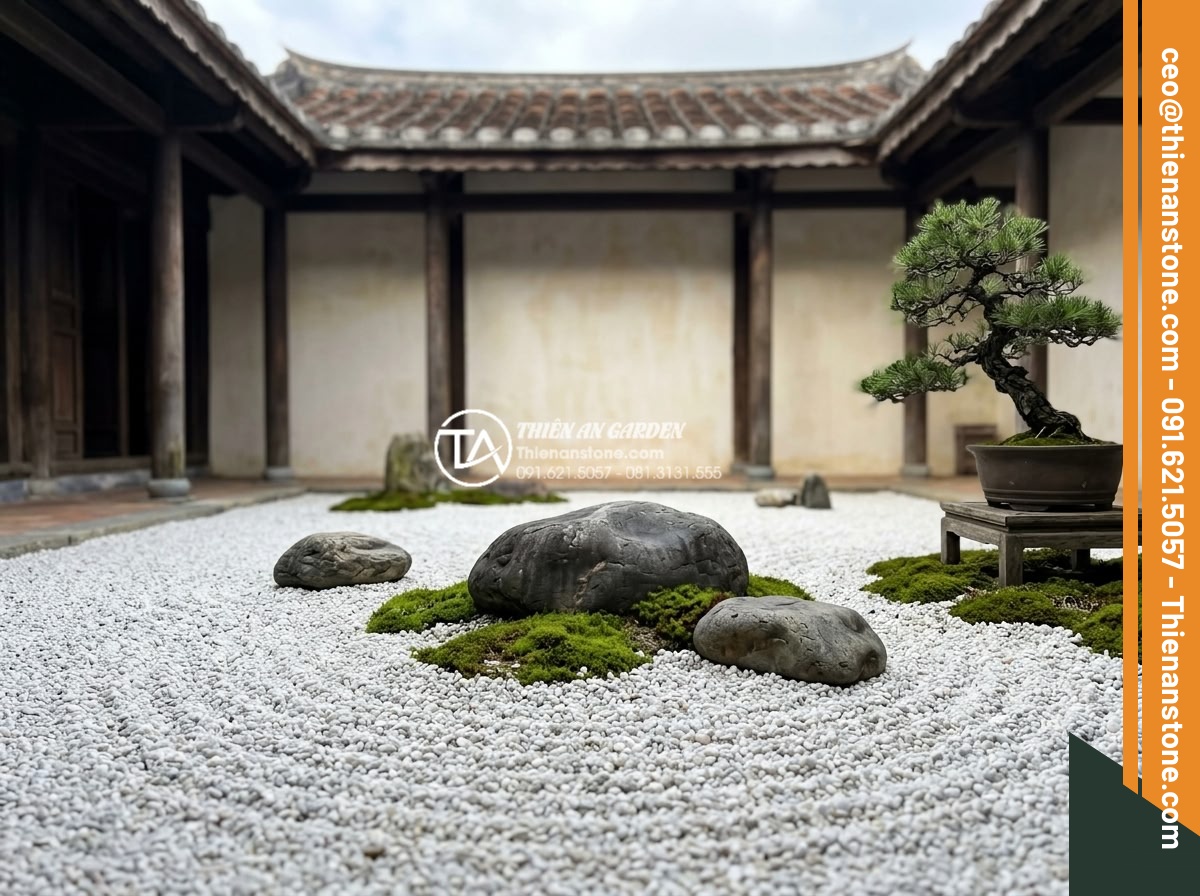 Tiểu Cảnh Đá Cuội - Japanese zen rock garden with white pebbles raked in concentric wave patterns ar