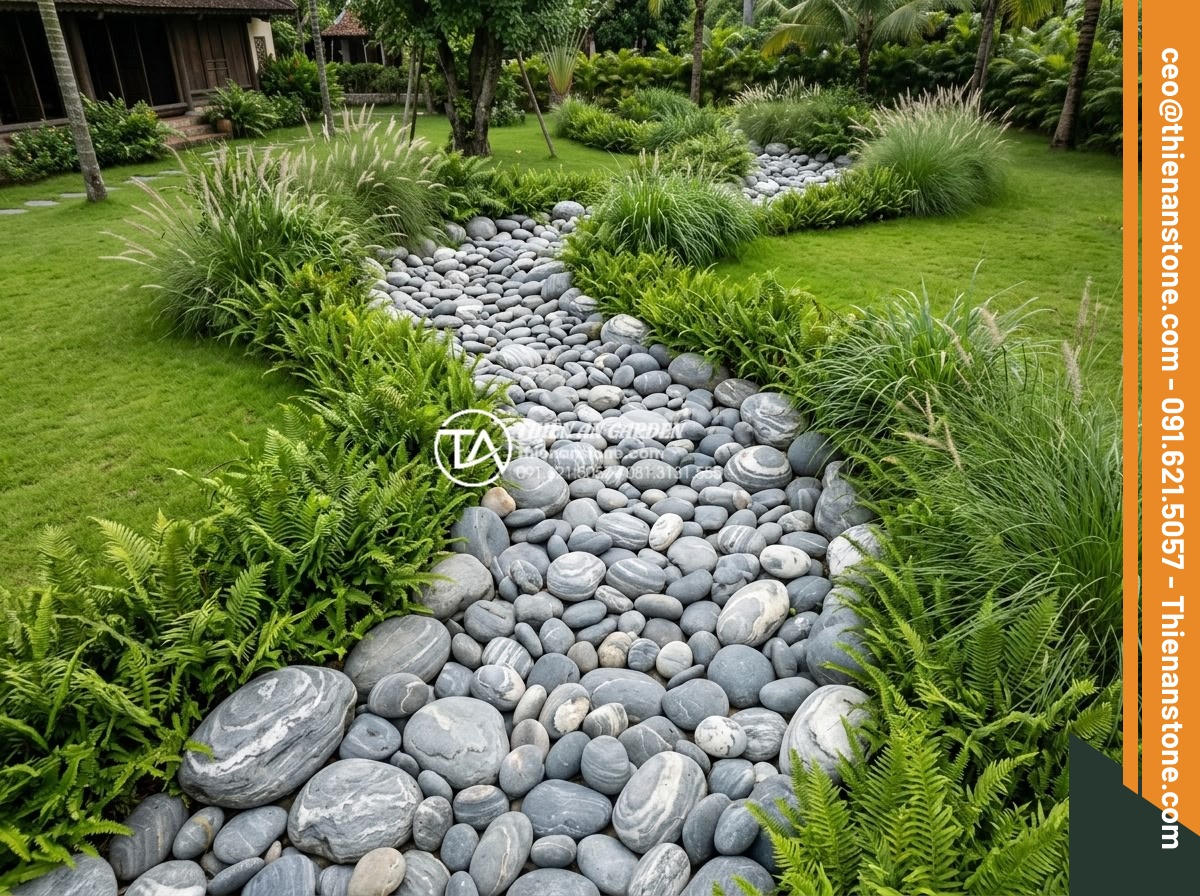 Tiểu Cảnh Đá Cuội - Dry creek bed garden design with smooth river pebbles of varying sizes creating 