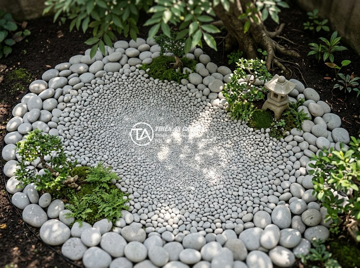 Tiểu Cảnh Dưới Gốc Cây - Variety of gravel and pebble sizes sorted in a miniature garden under a tree, sh