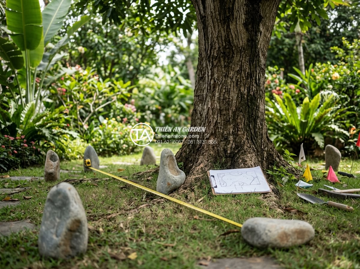 Tiểu Cảnh Dưới Gốc Cây - Professional landscape team surveying around a large tree base, measuring tape l