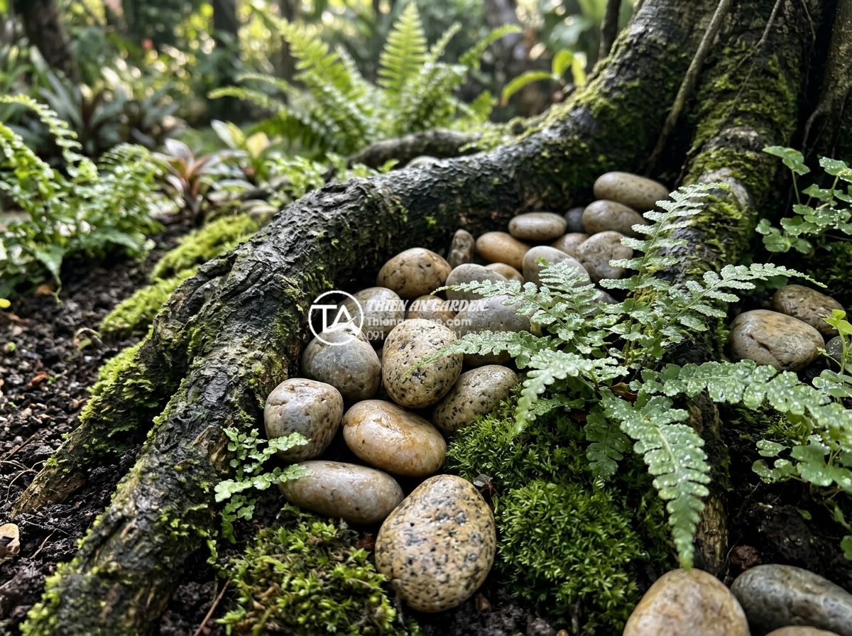 Tiểu Cảnh Dưới Gốc Cây - Close-up detail shot of natural stone arrangement around tree roots, showing mos