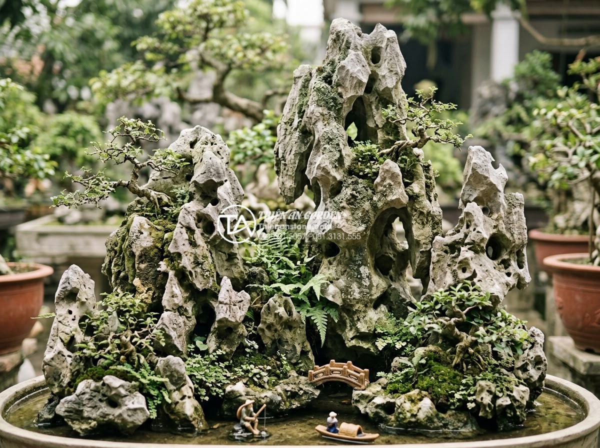 Tiểu Cảnh Dưới Gốc Cây - Aged natural stone in a miniature garden showing beautiful patina, moss and lich