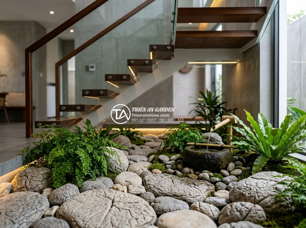 Tiểu Cảnh Gầm Cầu Thang - Ultra realistic interior photography of a miniature zen garden under a modern st