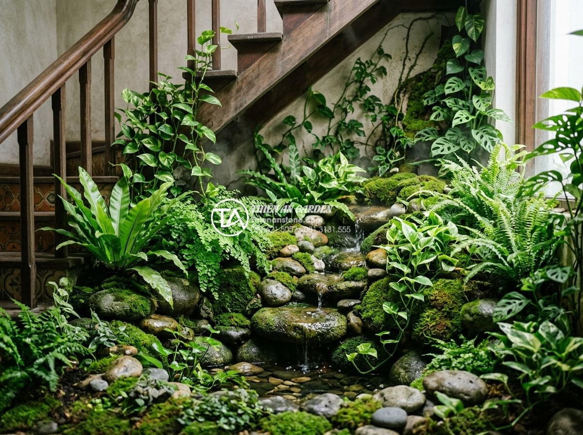 Tiểu Cảnh Gầm Cầu Thang - Lush tropical miniature garden under staircase with multiple layers of ferns, mo