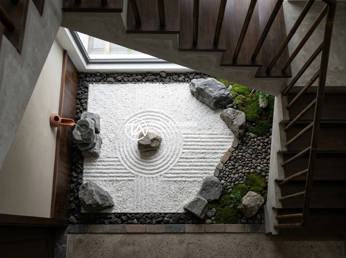 Tiểu Cảnh Gầm Cầu Thang - Top-down view of under-staircase zen garden showing contrast between white decor