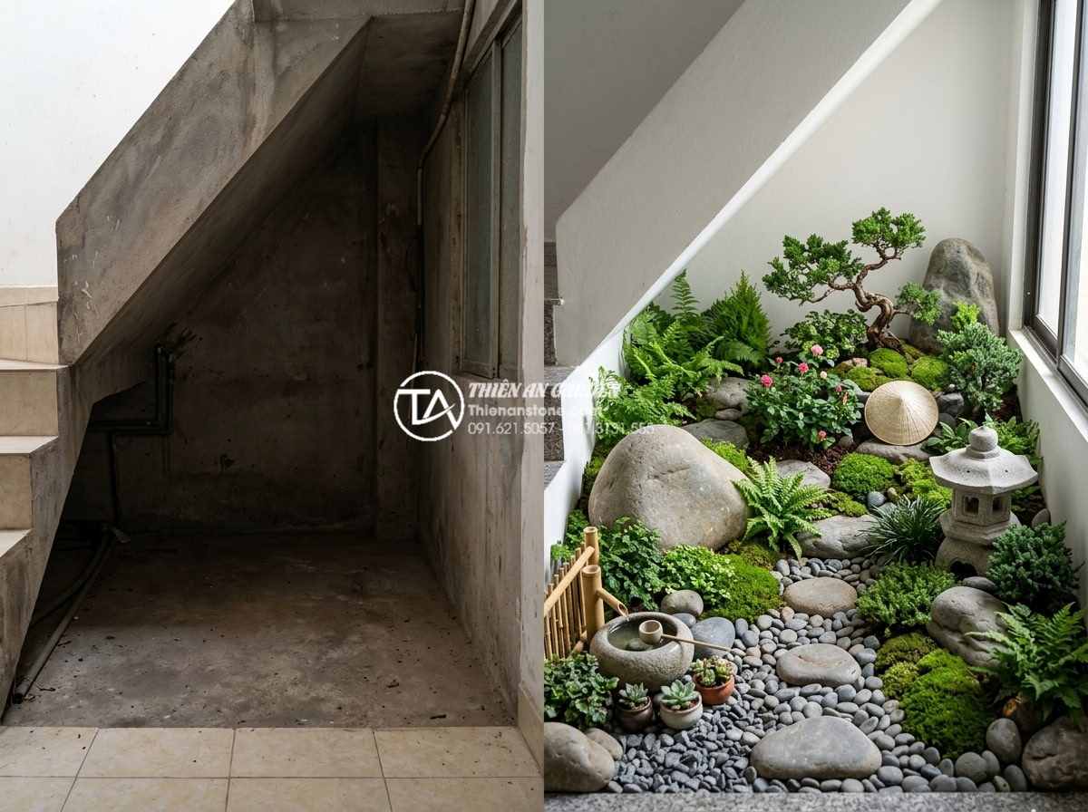 Tiểu Cảnh Gầm Cầu Thang - Before and after comparison showing empty under-staircase space transformed into