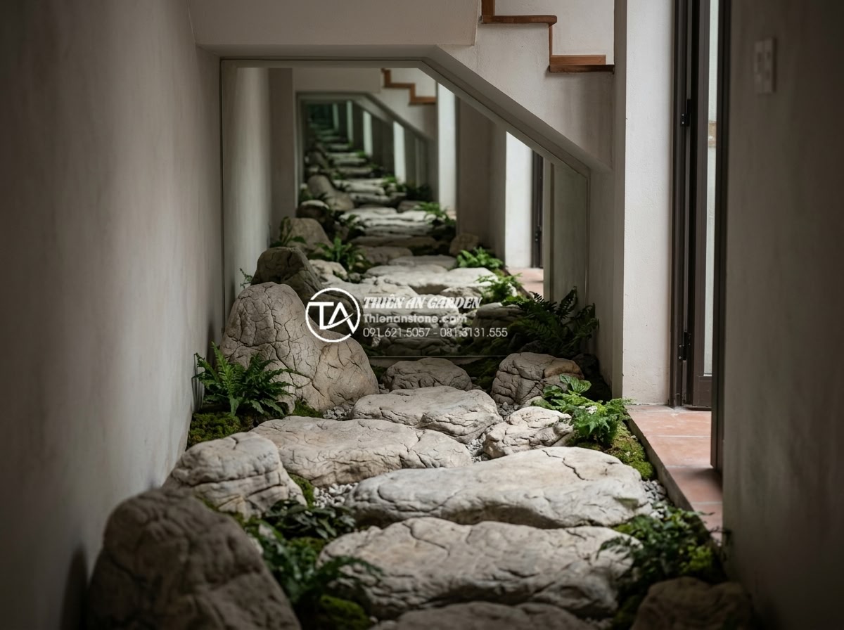 Tiểu Cảnh Gầm Cầu Thang - Demonstration of depth illusion technique in narrow under-staircase garden, mirr