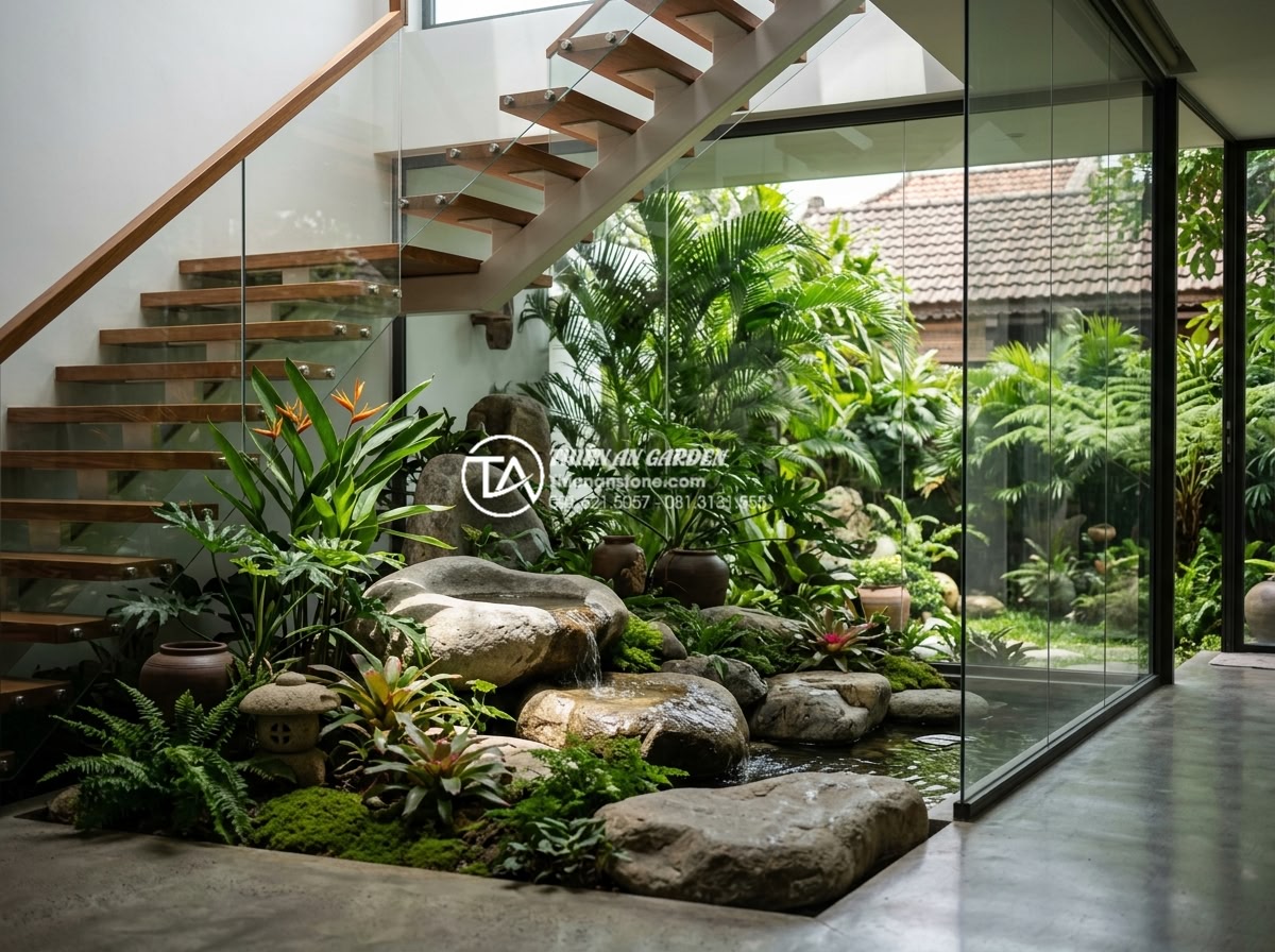 Tiểu Cảnh Gầm Cầu Thang - Luxurious villa under-staircase miniature garden connected to outdoor garden thr