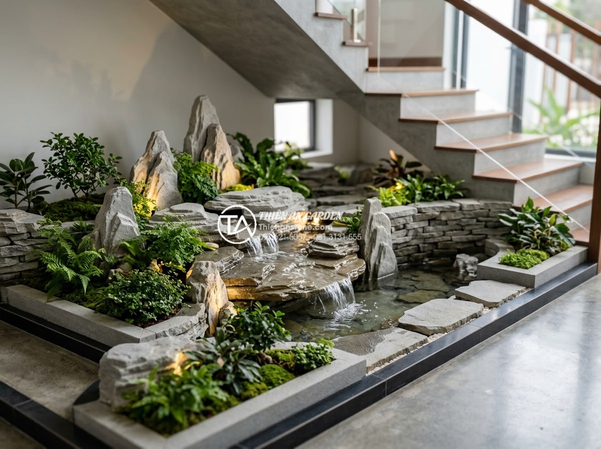 Tiểu Cảnh Gầm Cầu Thang - Completed under-staircase miniature garden project with natural stones, flowing 