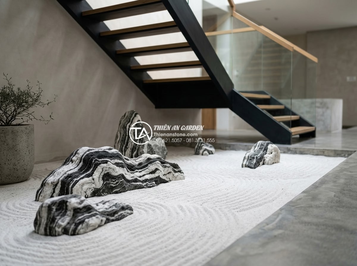 Tiểu Cảnh Gầm Cầu Thang - Japanese-inspired dry rock garden under modern staircase, white sand with raked 