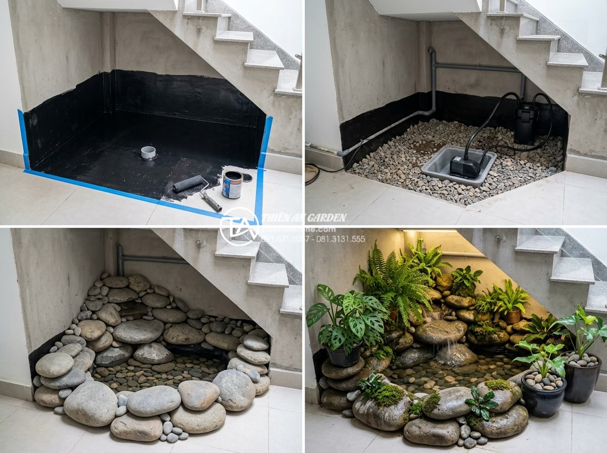 Tiểu Cảnh Gầm Cầu Thang - Step-by-step construction process of under-staircase garden showing waterproofin