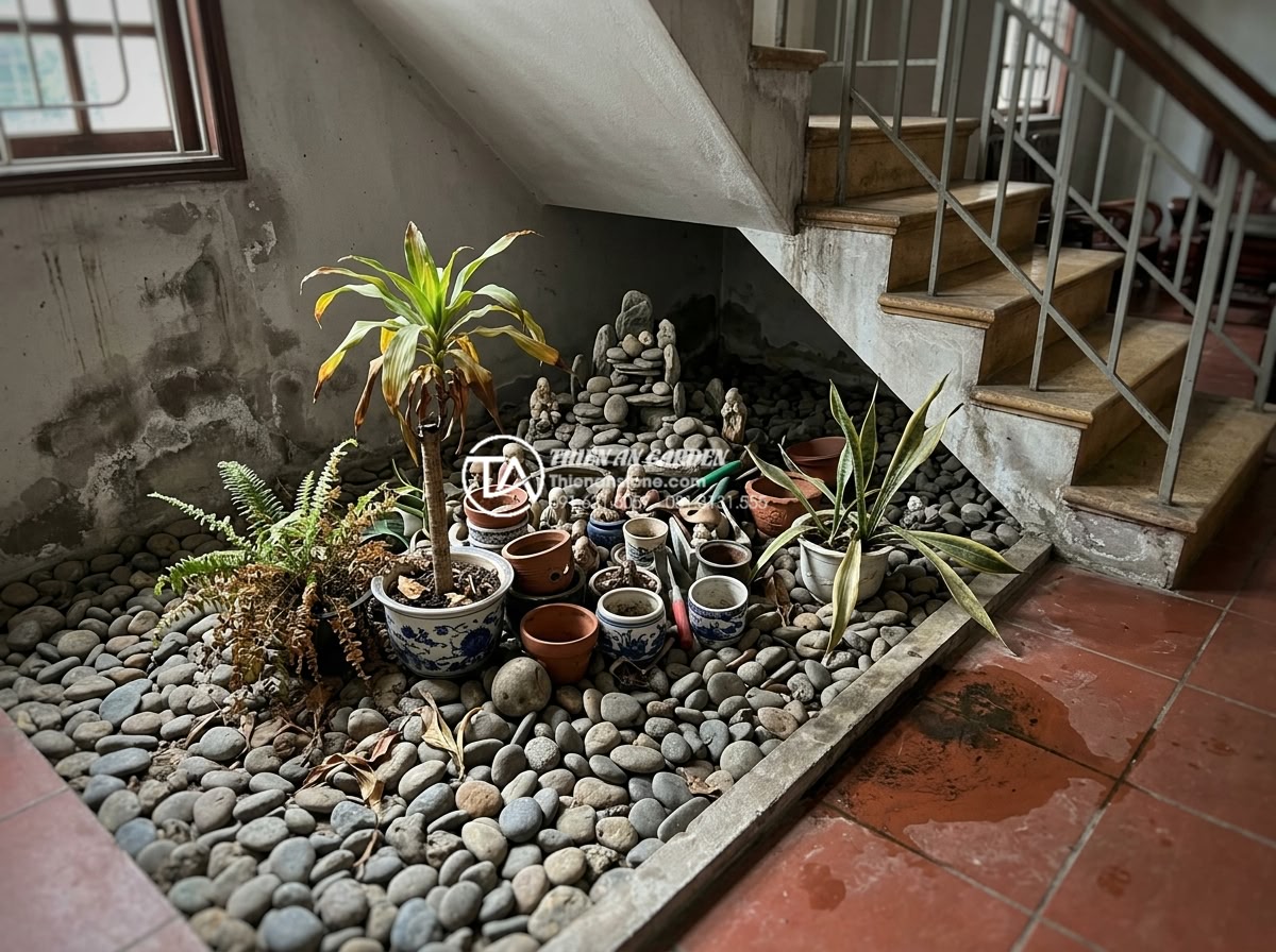 Tiểu Cảnh Gầm Cầu Thang - Common mistakes in under-staircase garden construction illustrated, overcrowded 