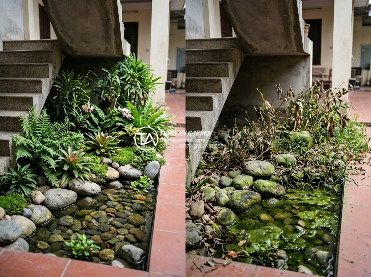 Tiểu Cảnh Gầm Cầu Thang - Well-maintained versus neglected under-staircase garden comparison, thriving pla