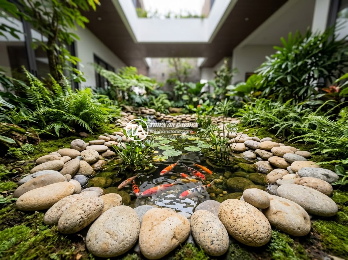 Tiểu Cảnh Giếng Trời - Small koi fish pond integrated into a skylight garden, natural stones lining the