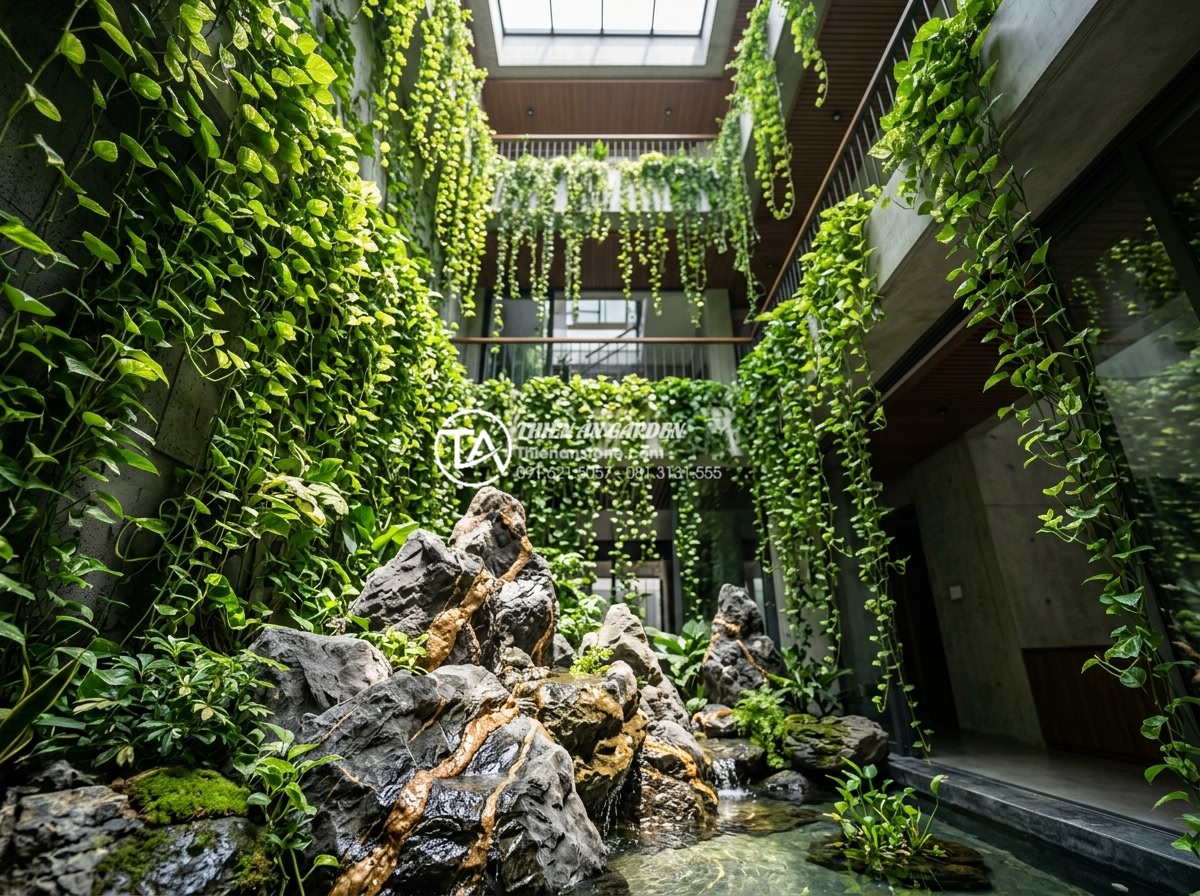 Tiểu Cảnh Giếng Trời - Climbing plants covering lightwell walls in a modern Vietnamese townhouse, ivy a