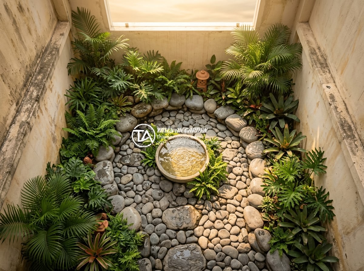 Tiểu Cảnh Giếng Trời - Overhead view of a skylight garden in a narrow Vietnamese townhouse, natural sto