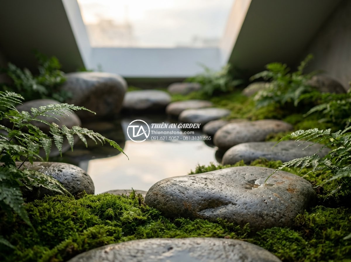 Tiểu Cảnh Giếng Trời - Morning light entering a skylight garden, soft diffused light on natural stone a