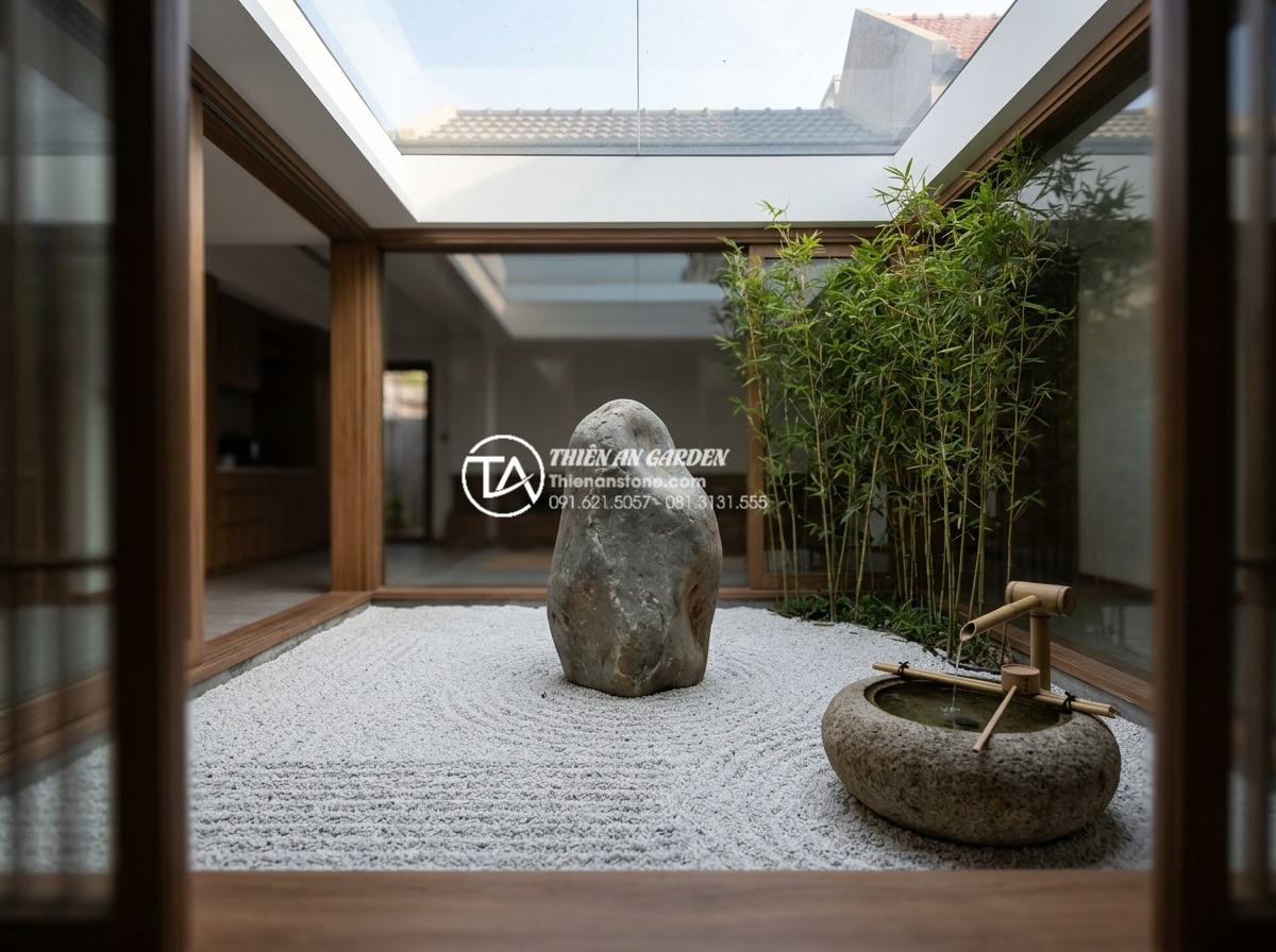 Tiểu Cảnh Giếng Trời - Japanese Zen style skylight garden in modern Vietnamese home, single tall natura