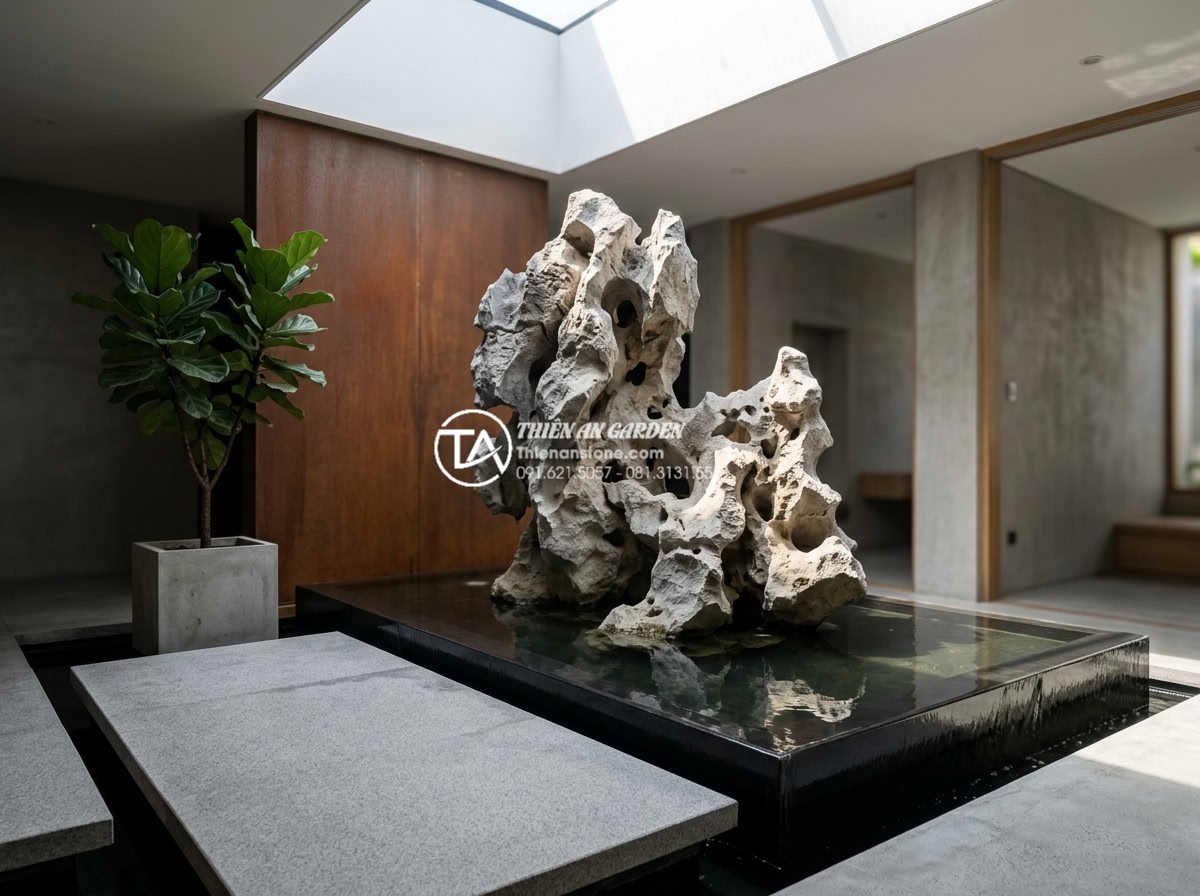 Tiểu Cảnh Giếng Trời - Modern minimalist skylight garden, clean-cut natural stone slab with flat polish