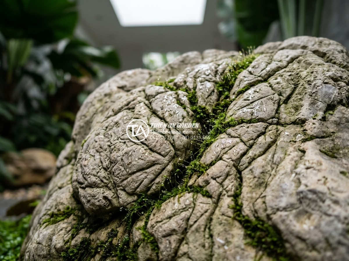 Tiểu Cảnh Giếng Trời - Close-up of natural stone texture in a lightwell garden setting, moss growing be