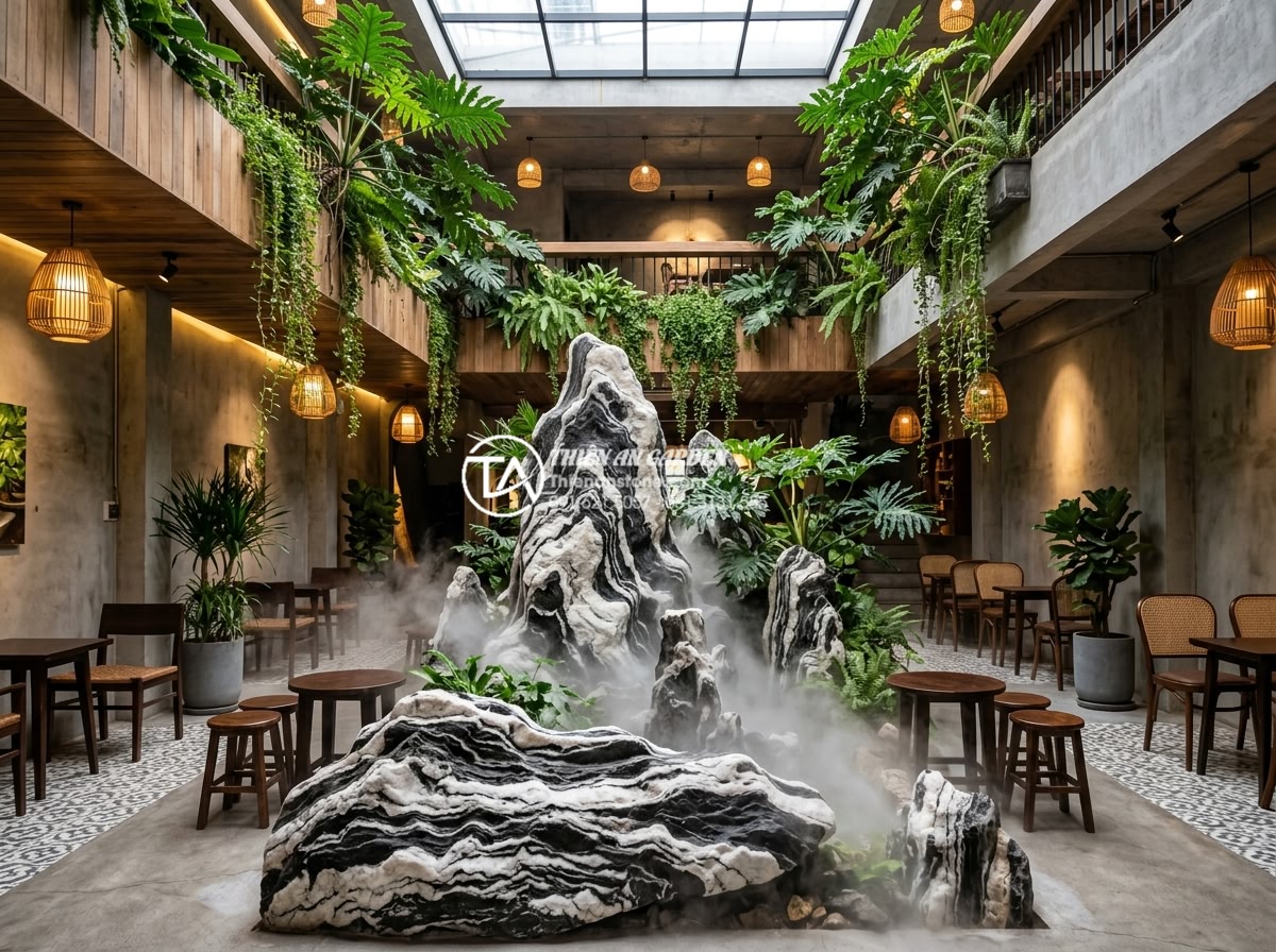Tiểu Cảnh Giếng Trời - Skylight garden in a trendy Vietnamese coffee shop, dramatic natural stone insta