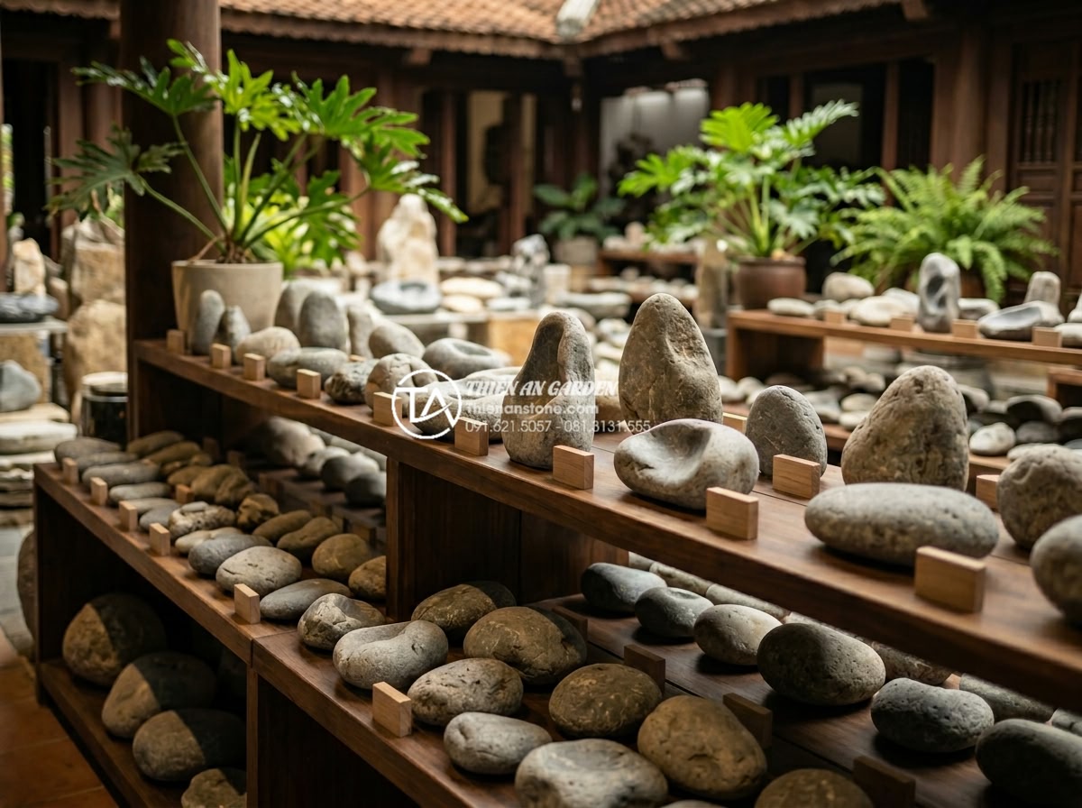 Tiểu Cảnh Giếng Trời - Showroom display of different natural stones for skylight garden design, various
