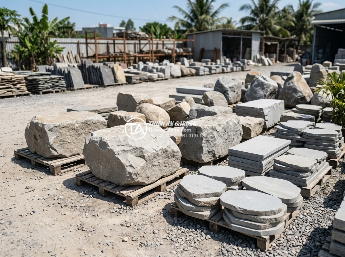 Tiểu Cảnh Giếng Trời - Customer selecting natural stone from a stone yard for skylight garden, various 