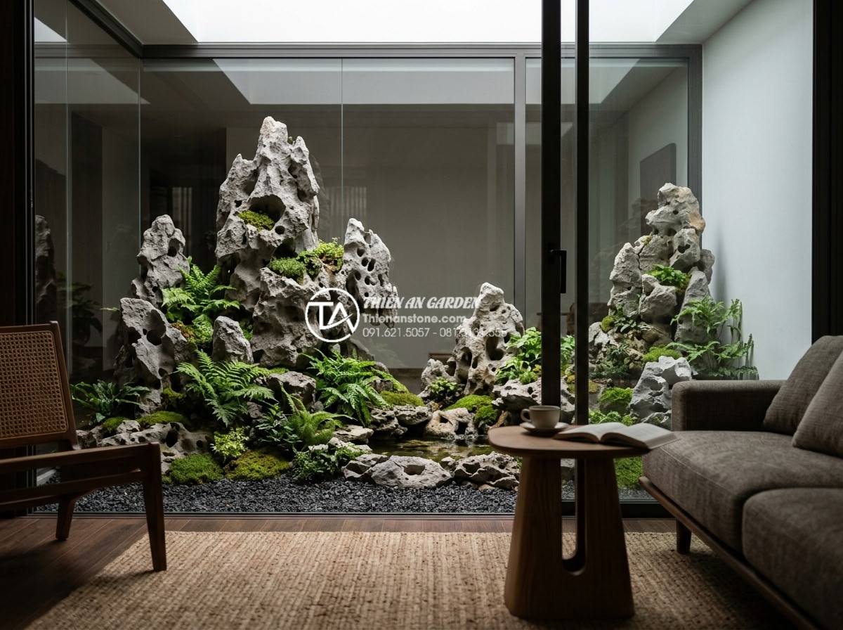 Tiểu Cảnh Giếng Trời - Emotional scene of a family enjoying their skylight garden from living room, nat