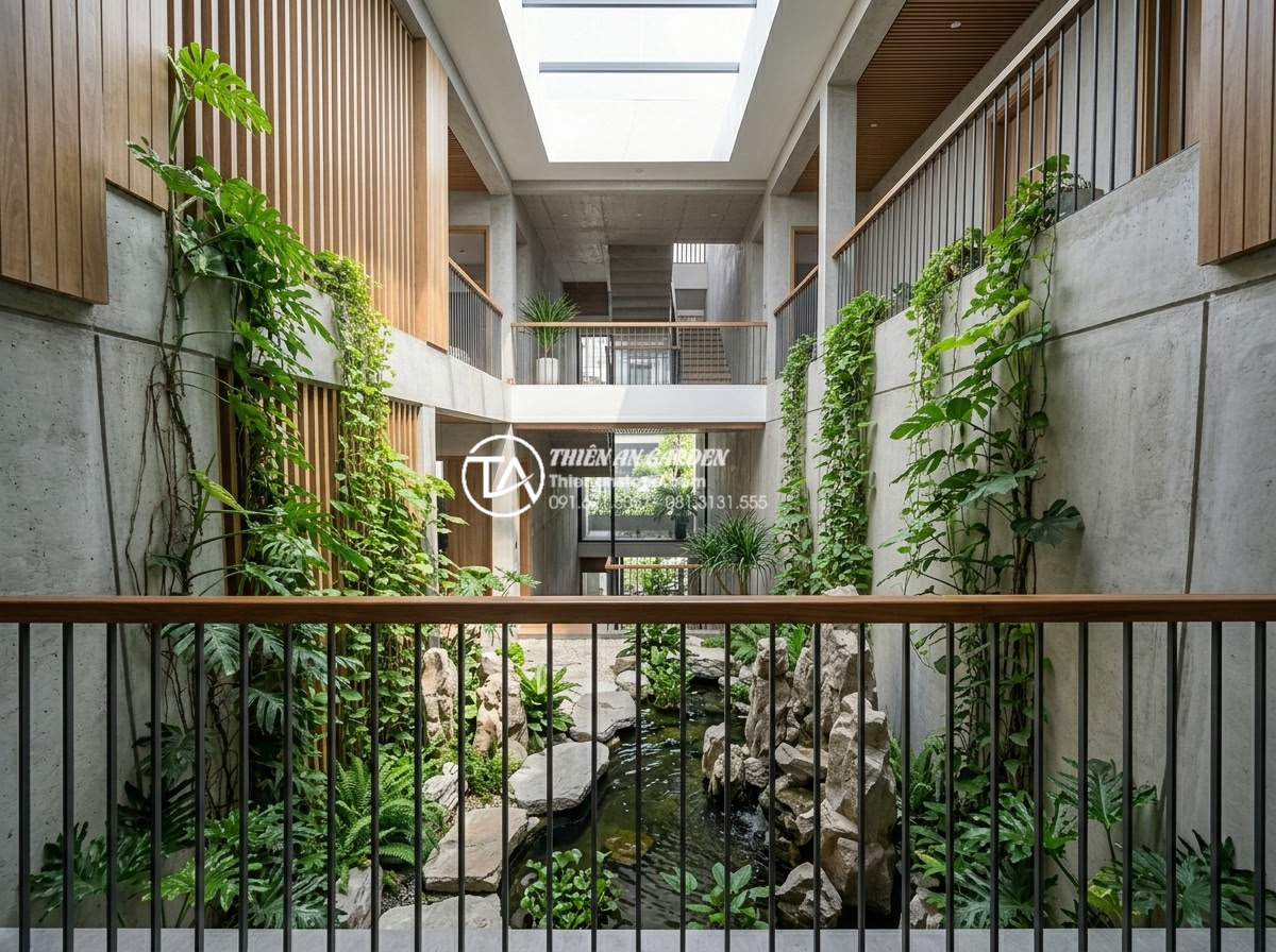 Tiểu Cảnh Giếng Trời - Wide angle architectural photography of a Vietnamese townhouse interior with sky
