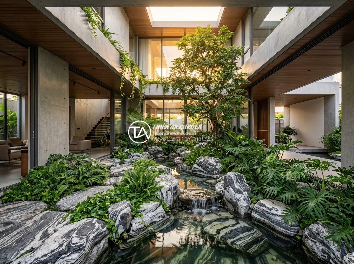 Tiểu Cảnh Giếng Trời - Beautiful completed skylight garden as final showcase, mature natural stone arra