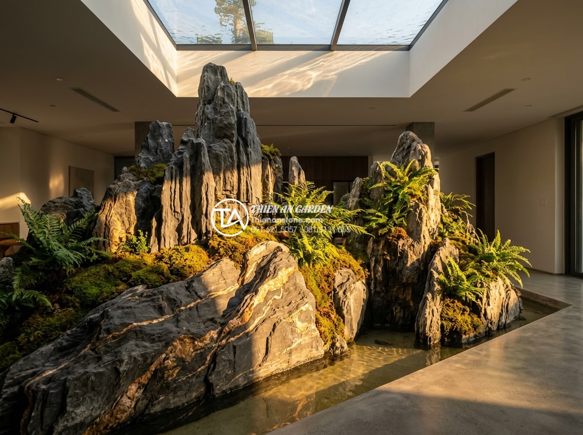Tiểu Cảnh Giếng Trời - Dramatic light and shadow play in a skylight garden with natural stones, golden 