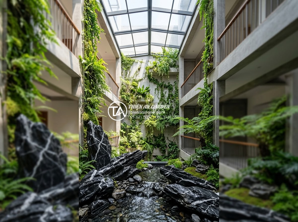 Tiểu Cảnh Giếng Trời - Cross-section view of a multi-story townhouse skylight garden showing vertical l